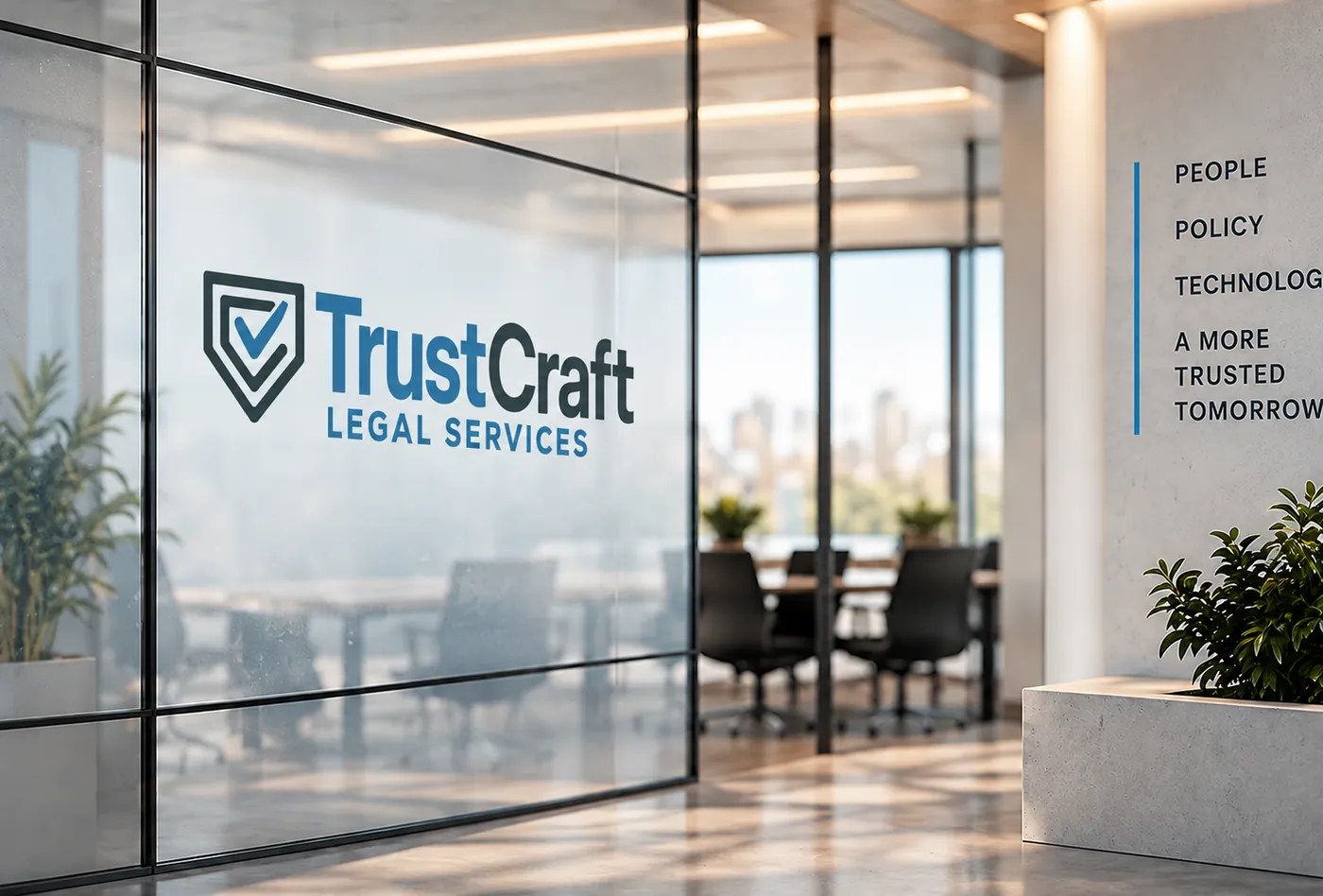 A glass-walled conference room carrying the TrustCraft Legal Services shield