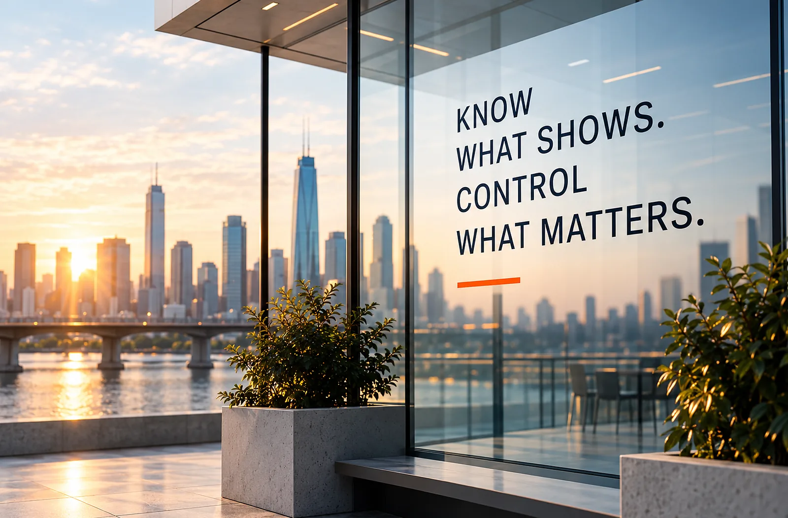A glass office wall reading: Know what shows. Control what matters.